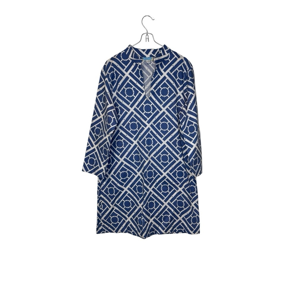 Devon Barr Women's Dress Shift Geometric 3/4 Sleeveโ Notch V-Neck Blue Large